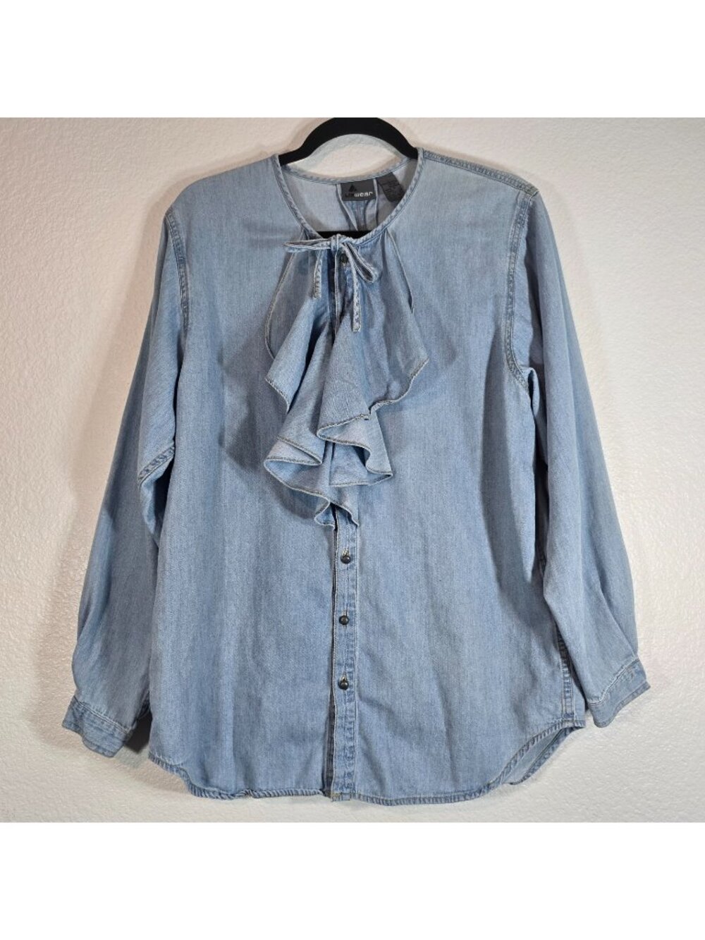 Lizwear Blouse Women Large Blue Chambray Long Sleeve Button Ruffle Western